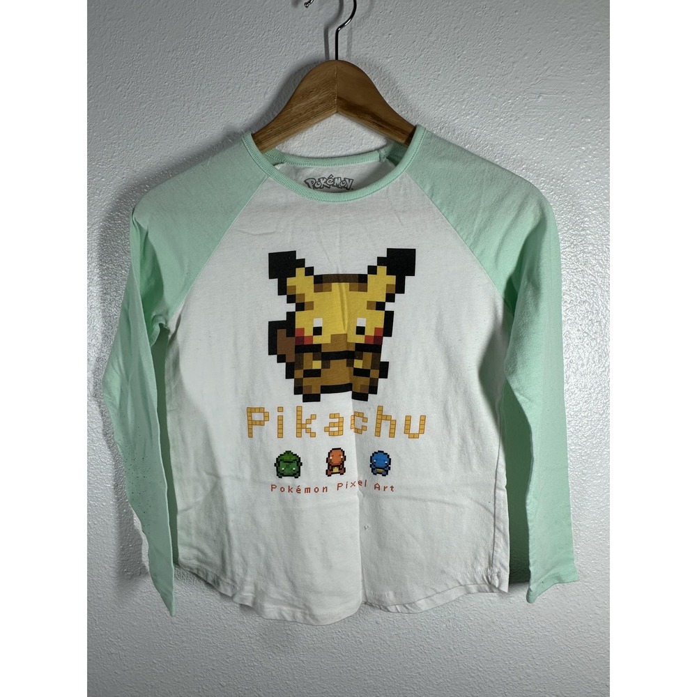Pokemon Pikachu Shirt‎ Youth Large 10-12 White Mint Pixel Art Long Sleeve Tee